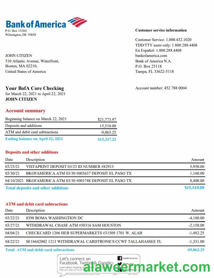 USA Bank of America bank statement template in Excel and PDF format, version 4